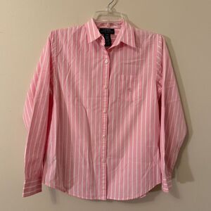 Lauren Ralph Lauren Women's Pink White Striped Button Down Shirt Petite Medium